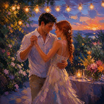 an original couple dancing under string lights in a garden at dusk: a man with short black hair in a linen shirt and a woman with braided red hair in a summer dress