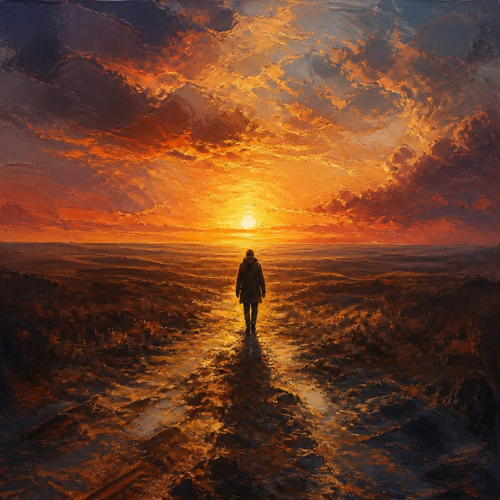 a solitary figure walking toward a glowing horizon across an empty plain, moody atmosphere, no text or lettering