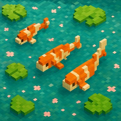 A koi pond seen from above, orange and white koi fish swimming among lily pads, clear water with subtle ripples, fallen cherry blossom petals floating on the surface, dappled sunlight