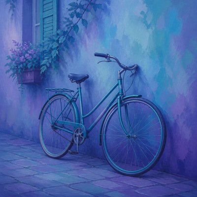 bicyle resting against a wall — Analogous Colors Art Style