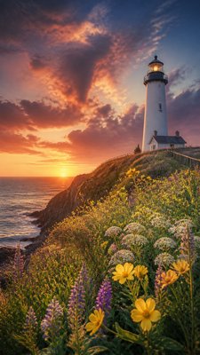 a lone lighthouse on a cliff at dusk under a dramatic sky, no text or lettering