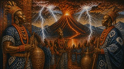 an erupting volcano with lightning strikes, dramatic wide composition, no text