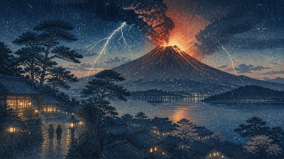an erupting volcano with lightning strikes, dramatic wide composition, no text