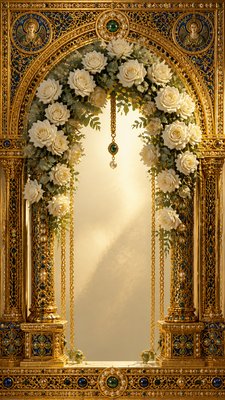 an arch of white roses and eucalyptus in soft morning light, elegant vertical composition with open space, no text