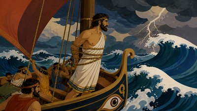 ancient greek Odysseus tied to the mast of a greek ship tossed by storm and waves