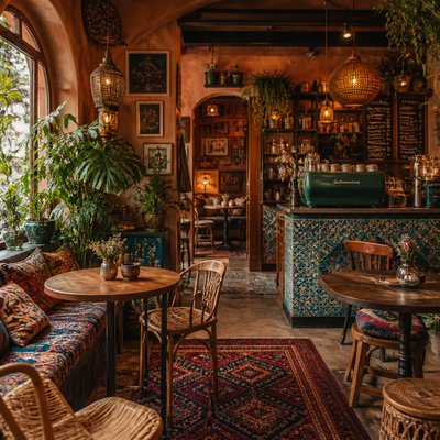 cozy cafe interior with warm lighting