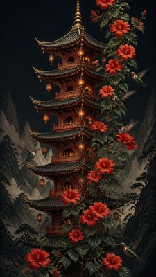 a climbing vine of flowers and hummingbirds on a dark background, tall wrapping composition, no text