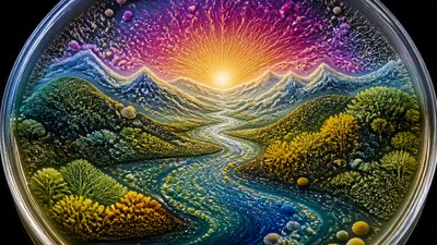 a vast valley with a river winding toward distant mountains at sunrise, no people, no text
