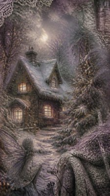 a snow-covered cottage with warm glowing windows beside a decorated pine tree, gentle snowfall, no text