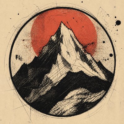 an emblem of a mountain peak inside a circle, simple bold shapes on a plain background, no text or lettering