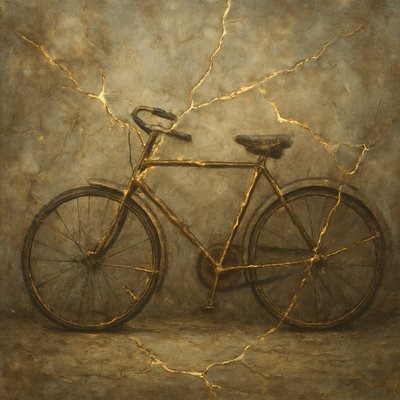 bicyle resting against a wall