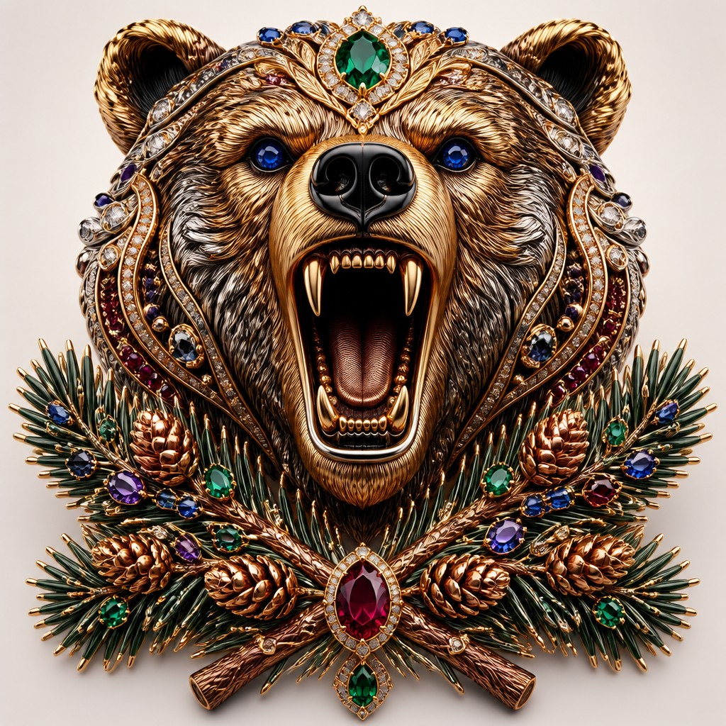 a roaring bear head above crossed pine branches, bold graphic composition on a plain background, no text