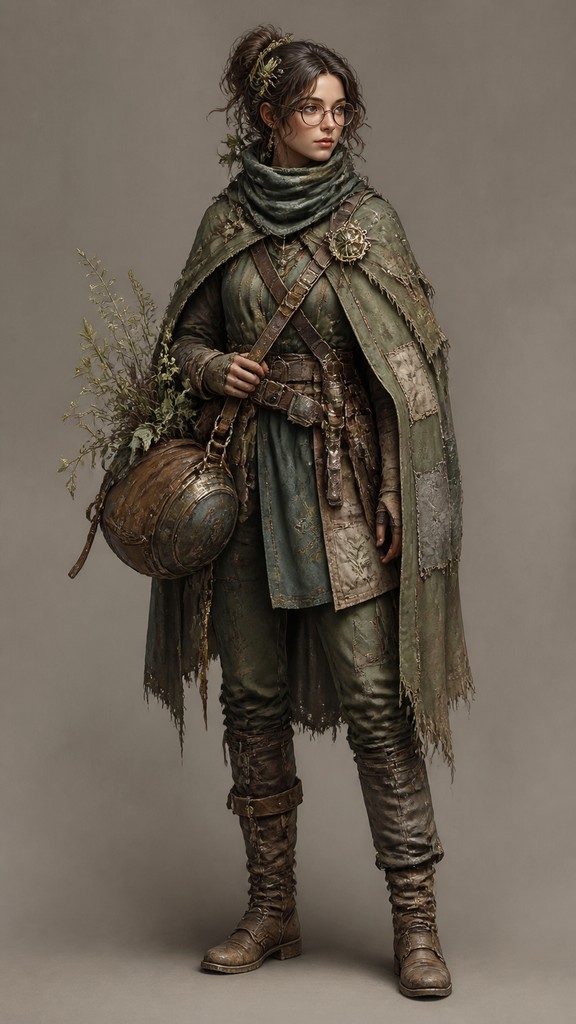 full-body original character: a wandering botanist with a satchel of plants, a patched green cloak, tall boots and round glasses, neutral background