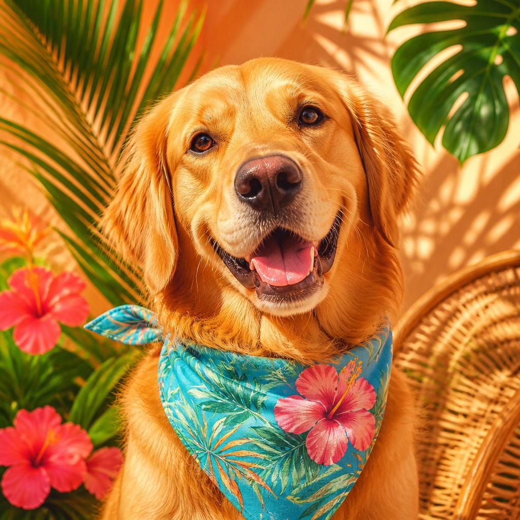 portrait of a golden retriever wearing a blue bandana, warm plain backdrop, no text