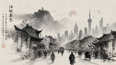 bustling city street panorama at dusk