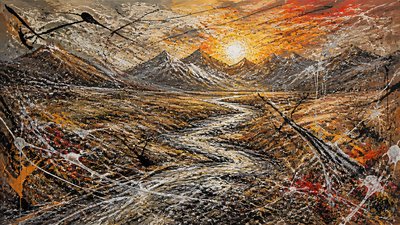a vast valley with a river winding toward distant mountains at sunrise, no people, no text