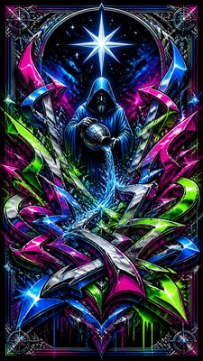 a robed figure pouring water beneath a large eight-pointed star in a night sky, symmetrical composition with an ornate decorative border, no text