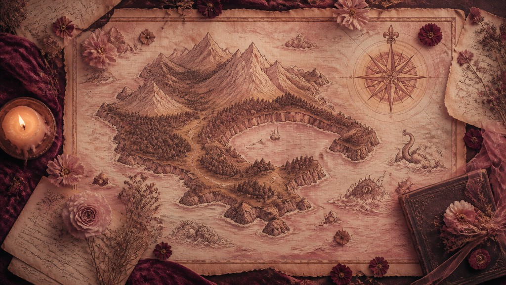 a map of an island realm with mountains, forests, a sheltered bay, sea monsters in the water and a compass rose, no text labels