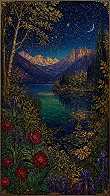a tranquil mountain lake beneath a starry night sky, no people, no text