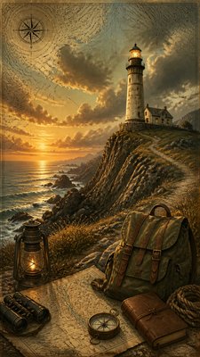 a lone lighthouse on a cliff at dusk under a dramatic sky, no text or lettering
