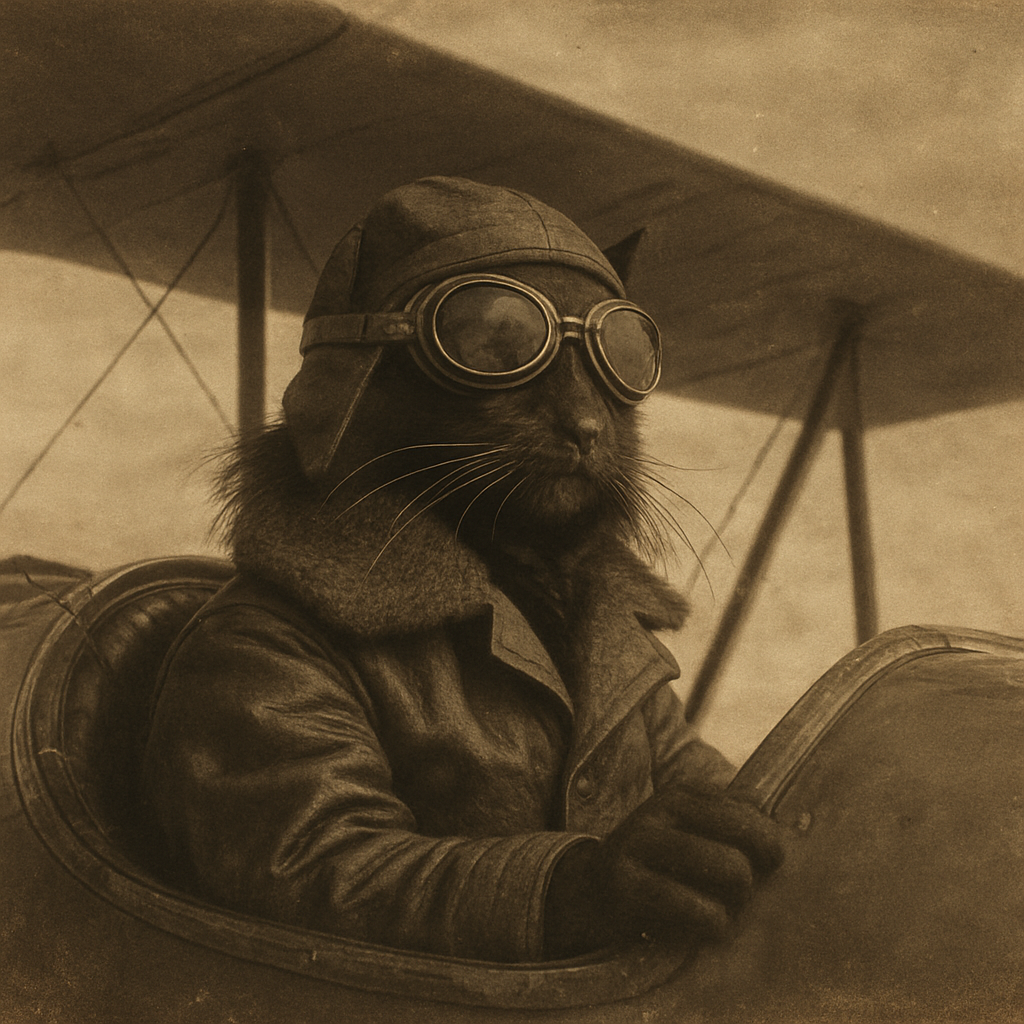 Black long-haired anthropomorphic cat as a pilot, wearing 1930s aviator gear, flying a vintage biplane in a clear sky, dramatic 1930s aviation photography style.