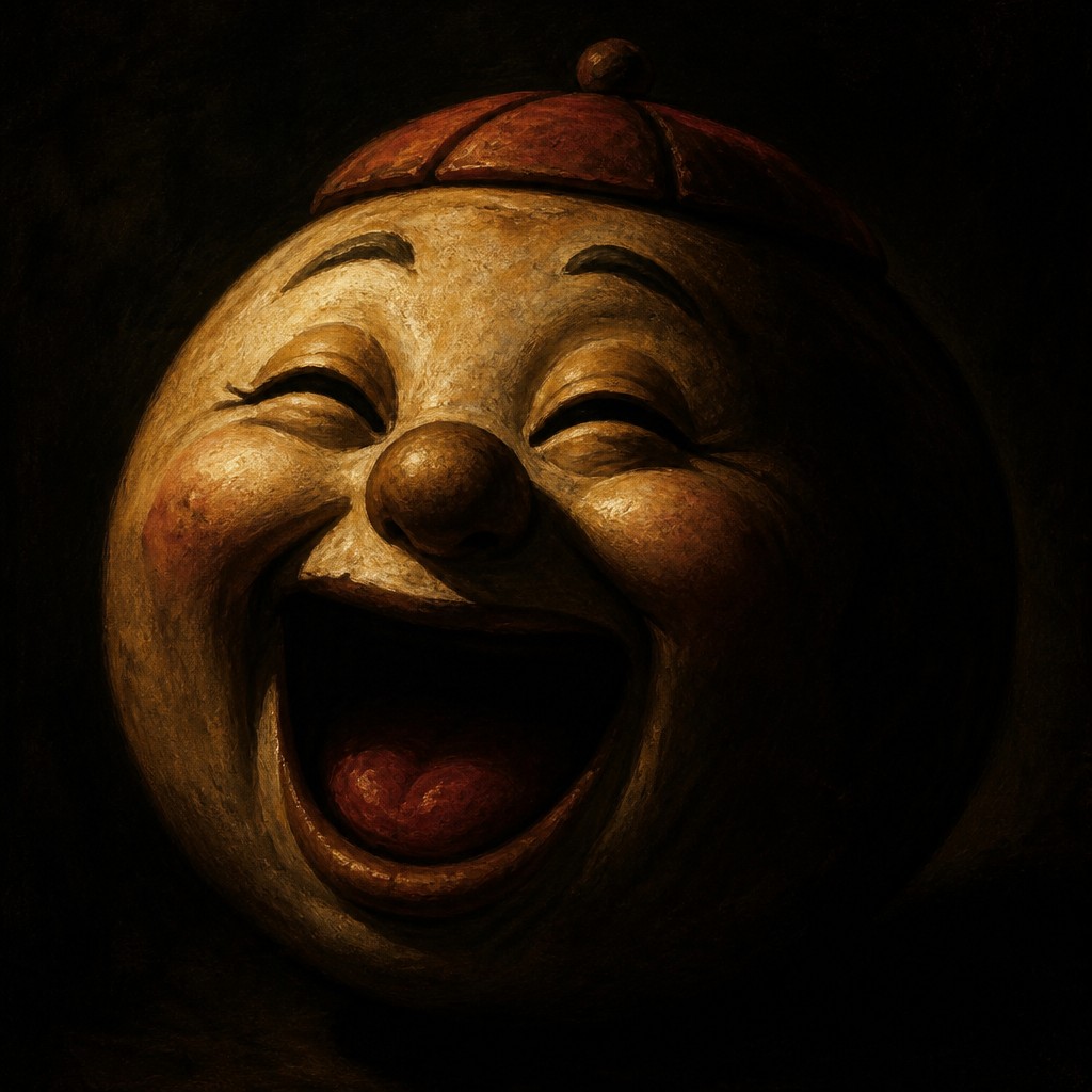 an exaggerated laughing face of an original round mascot character, bold and readable at small size, plain background, no text