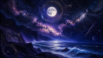 a moonlit coastline with cliffs and crashing surf, no people