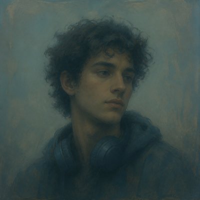 head-and-shoulders portrait of an original character: a young man with curly dark hair and headphones around his neck, plain backdrop, no text