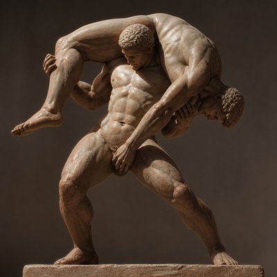 ancient greek athlete lifting another athlete