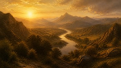 a vast valley with a river winding toward distant mountains at sunrise, no people, no text