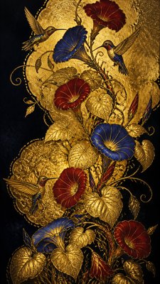 a climbing vine of flowers and hummingbirds on a dark background, tall wrapping composition, no text