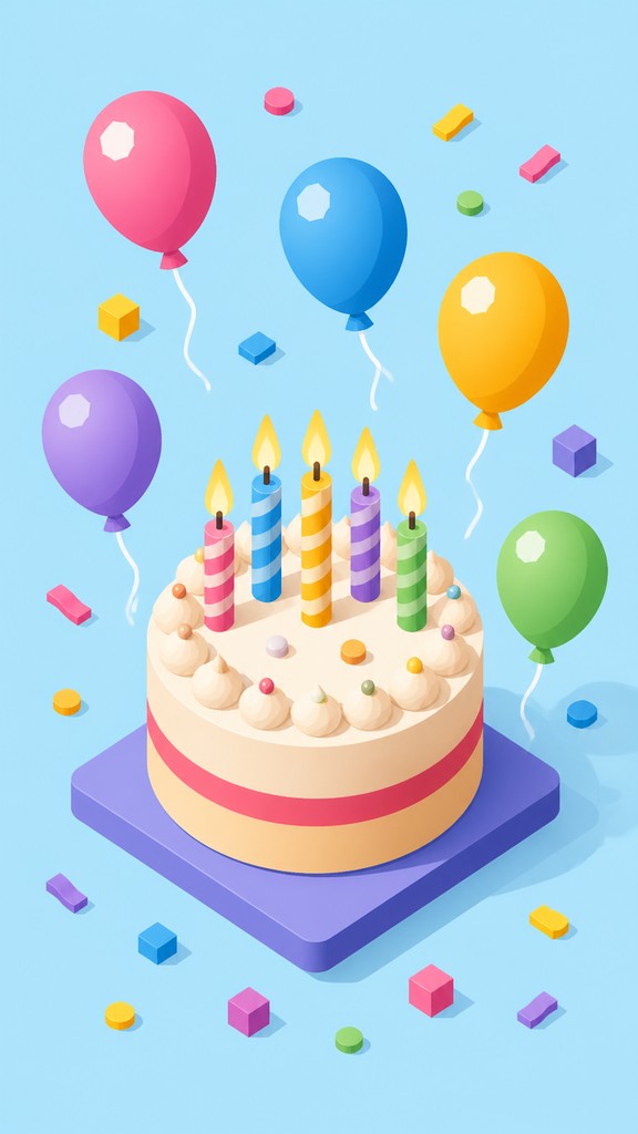 a birthday cake with lit candles surrounded by balloons and confetti, festive vertical composition, no text