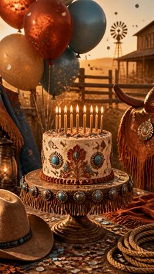 a birthday cake with lit candles surrounded by balloons and confetti, festive vertical composition, no text