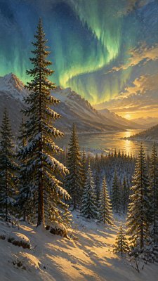 a snowy pine forest under the northern lights, no people
