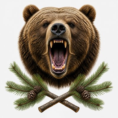 a roaring bear head above crossed pine branches, bold graphic composition on a plain background, no text