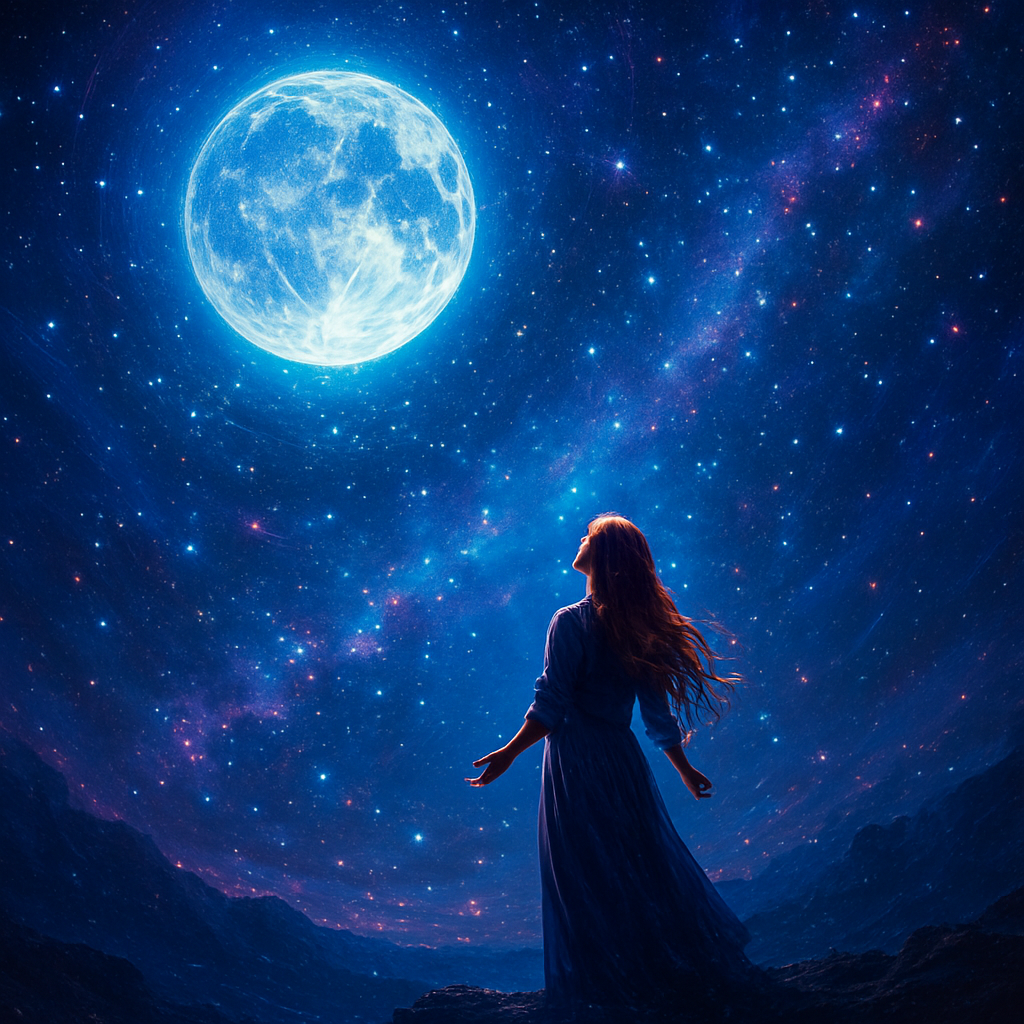 Digital Art Style, Romanticism Art Style, a profoundly majestic and spiritually charged painting inspired by Psalm 8:3-6. The scene features a vast, sweeping, and dramatically illuminated night sky, showcasing a luminous, prominent moon and countless brilliant stars rendered with ethereal digital glows and deep atmospheric effects. In the foreground, standing small against the overwhelming scale of the cosmos, is a solitary woman with long red hair, wearing simple, flowing attire. She is viewed from behind, positioned on a rugged, dark overlook, with her head and hands tilted upwards in an expression of intense awe and spiritual contemplation. The painting is dominated by dramatic digital chiaroscuro, with the radiant glow of the moon and stars breaking through deep, digitally enhanced shadows. Focus on the sublime, emotional impact of the vast heavens, the striking contrast between light and digitally rendered darkness, and the solitary woman's intense, spiritual communion with the divine works.