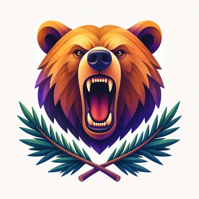 a roaring bear head above crossed pine branches, bold graphic composition on a plain background, no text