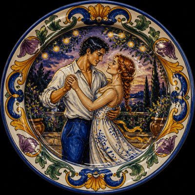an original couple dancing under string lights in a garden at dusk: a man with short black hair in a linen shirt and a woman with braided red hair in a summer dress