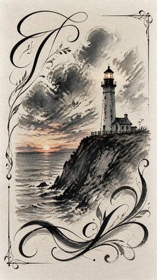 a lone lighthouse on a cliff at dusk under a dramatic sky, no text or lettering