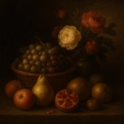 still life arrangement of fruits and flowers
