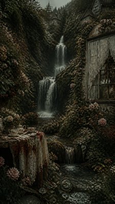 a cascading waterfall in a lush green gorge, no people