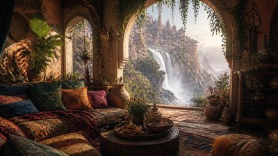 a cliffside city with waterfalls cascading into a misty canyon, wide establishing shot, no people, no text