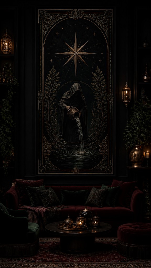 a robed figure pouring water beneath a large eight-pointed star in a night sky, symmetrical composition with an ornate decorative border, no text