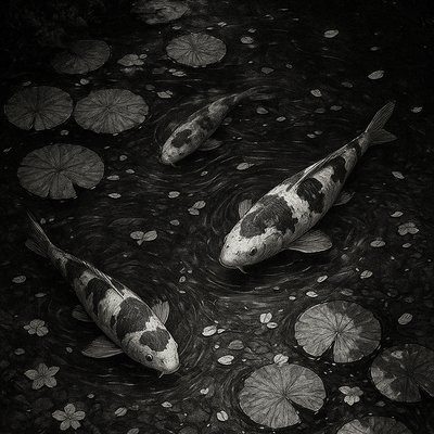 A koi pond seen from above, orange and white koi fish swimming among lily pads, clear water with subtle ripples, fallen cherry blossom petals floating on the surface, dappled sunlight