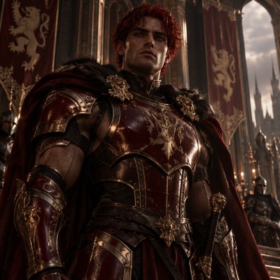 Je veux que tu me fasses un guerrier, tres modern avec une armure moderne genre full rouge sombre doré on voit ses muscle et il a pas de barbe et des cheveux ondulé court il est hot et un peu poilu pour le realisme il est roue cheveux et a des yeux rouge foncé vif on dirait presque un dieu dans le theme des rois de anglettere ancien moderne on voit pas sont ventre