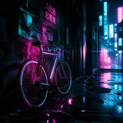 bicyle resting against a wall — Cyberpunk Sci-Fi Art