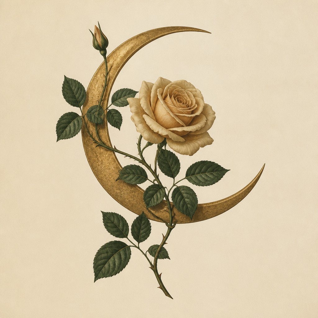 a rose entwined with a crescent moon, clean balanced composition on a plain background, no text