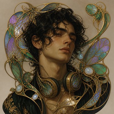 head-and-shoulders portrait of an original character: a young man with curly dark hair and headphones around his neck, plain backdrop, no text