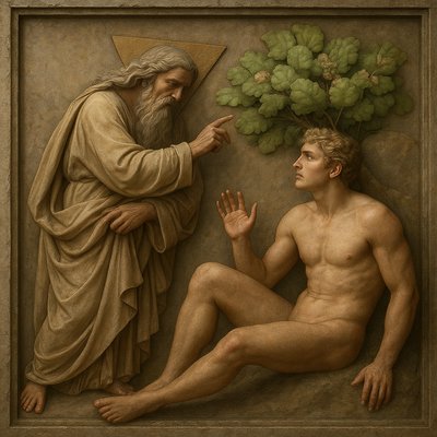 a painting of a man sitting next to a man with a beard