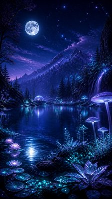 a tranquil mountain lake beneath a starry night sky, no people, no text